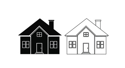 Simple black and white house illustrations with chimney and window details depicted