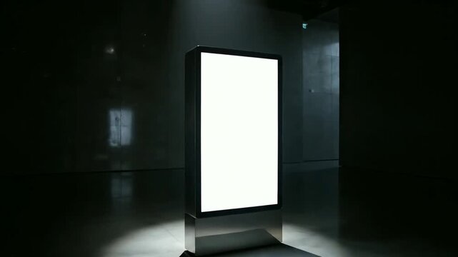 Modern blank digital display standing in a dark room illuminated by a single spotlight.