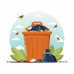 illustration of a trash can and flies flying around