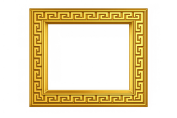 Golden rectangular frame with classic greek key pattern, ornate decorative border element on transparent background
