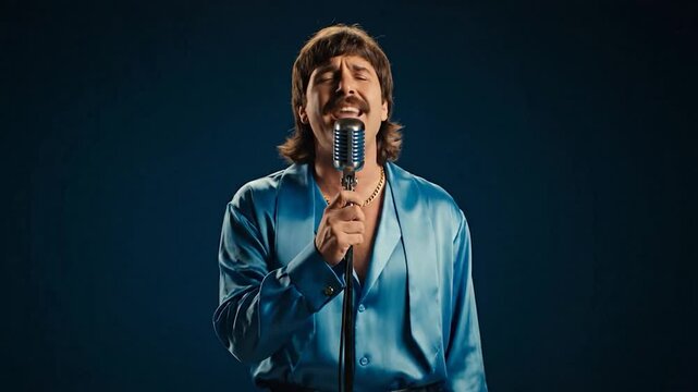 Moustached man in blue satin shirt, singing with closed eyes into a vintage microphone