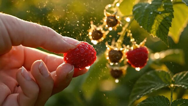 Hand holding Freshly Picked ripe red raspberry near the lush green bush
