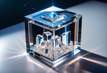 Futuristic glass cube containing raw quartz crystals with prismatic light dispersion, optical data storage or luxury diamond concept.