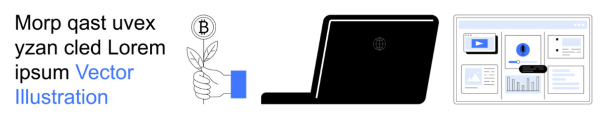 Business, graphic design, creativity, education, technology workflows, user interface design. Laptop with abstract charts, hand holding a leaf B symbol. Business and graphic design concept © robu_s