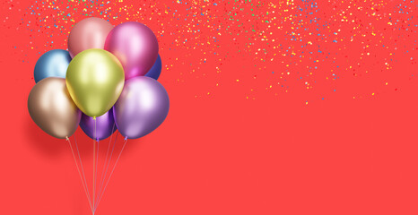 Bunch of colorful balloons on red background with confetti. Empty space for text. 3d rendering