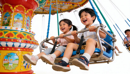Obraz premium Happy kids riding on a merry-go-round in amusement park