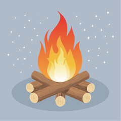 A vibrant bonfire with crackling flames and stacked logs, illuminated against a starry night sky, evoking warmth and rustic charm