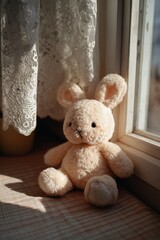 A soft plush bunny sits by a sunlit window, casting gentle shadows on a checked blanket.