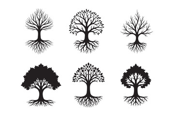 Tree with roots silhouette vector illustration, Set of Tree with roots silhouette vector 