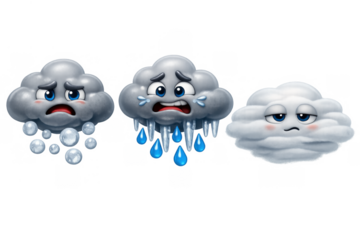 Cartoon weather cloud icons illustrating sad, depressed, and tired facial expressions with falling rain, hail, and sleet