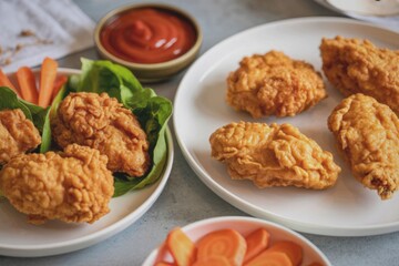 Crispy fried chicken bites with vegetables and sauce