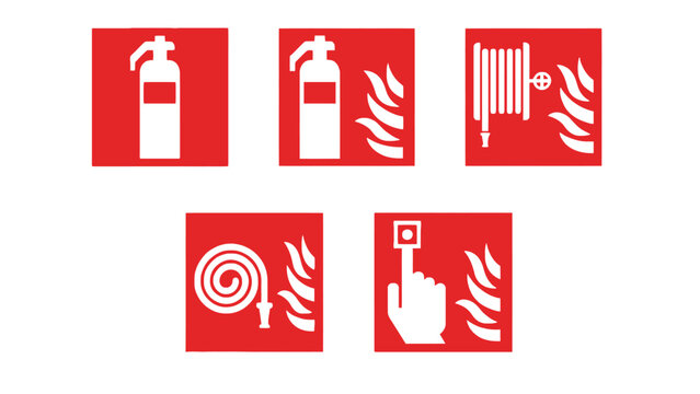 A collection of fire safety signs and symbols on a white background