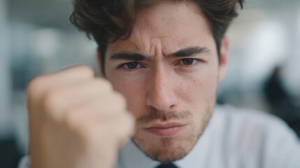 Obraz premium Close-up portrait of a young man's face. he appears to be in his late twenties or early thirties, with dark hair and a beard.