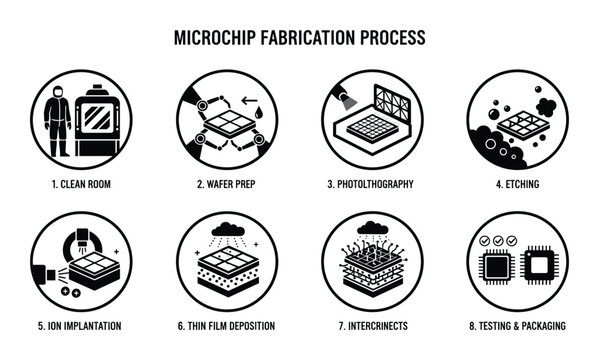Microchip fabrication process microchip creation stages for clean room and wafer testing packaging phase