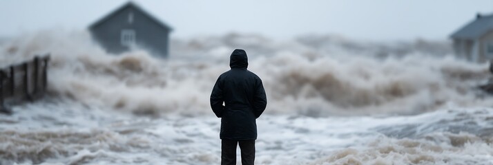 A person stands facing a turbulent, raging sea, with houses partially submerged in floodwaters, illustrating the impact of extreme weather.