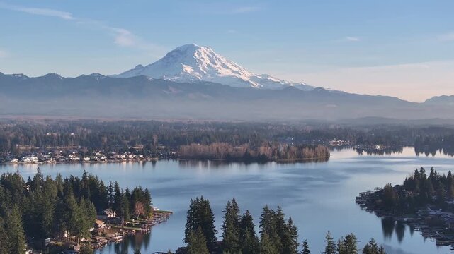 Mount Rainier with Lake Tapps drone photo