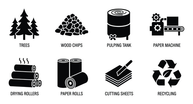 Paper production industry concept from trees to cutting and recycling sheets illustration diagram
