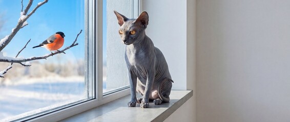 Canadian Sphynx cat watching a bird through the window in winter  