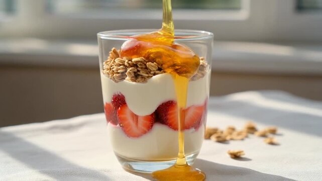 Honey poured on yogurt parfait with strawberries and granola on a table by a sunny window