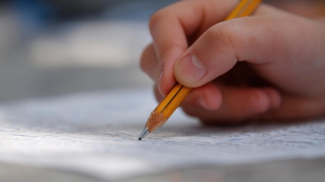 Close-up of a person's hand holding a yellow pencil and writing on a piece of paper. the hand is positioned in a way that the pencil is pointing towards the right side of the image.
