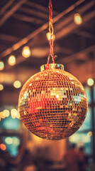 Obraz premium Disco ball mirror ball party nightlife hanging warm light bokeh club interior with blurred crowd, festive decoration for dance floor, celebration mood, vintage style