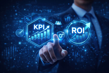 KPI ROI business analytics performance metric dashboard growth concept, businessman touching virtual interface with rising chart, data visualization and finance strategy for success