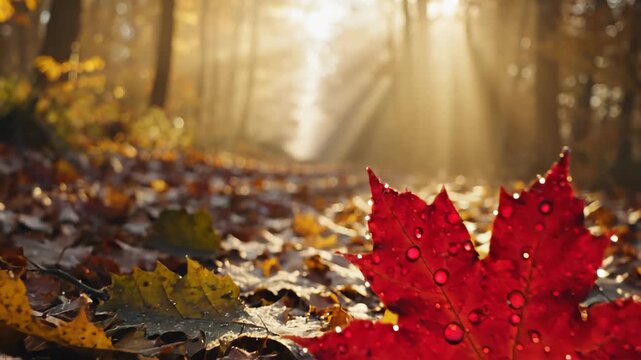 Red Maple Leaf Adorned With Raindrops, Forest Floor With Autumn Foliage, Bokeh