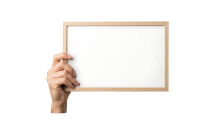 Hand holding a blank whiteboard with a wooden frame on a black background