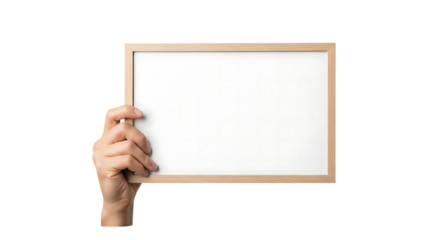 Hand holding a blank whiteboard with a wooden frame on a black background