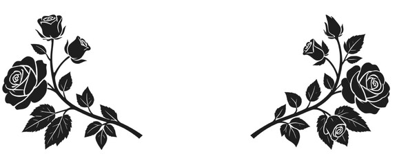 Fototapeta premium Symmetrical Black Rose Silhouette Floral Border Elements on White Background.