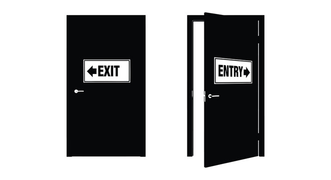 Open and closed doors with exit and entry signs a striking black silhouette