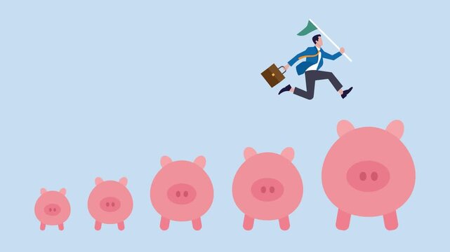 Salary or profit increase animation video, business man jumping from small piggy bank to bigger profit to a, making more money and collect more wealth concept, investment and savings growth.