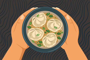 Top Down Hands Holding Dumpling Soup Bowl