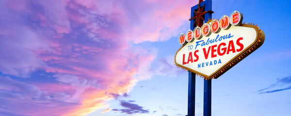 Las Vegas, Nevada, United States of America. 01-15-2026 Welcome to Fabulous Las Vegas Neon Sign With Sunset Beautiful Cloudy Sky © somchaij