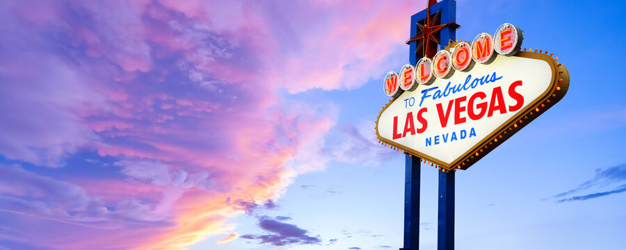 Las Vegas, Nevada, United States of America. 01-15-2026 Welcome to Fabulous Las Vegas Neon Sign With Sunset Beautiful Cloudy Sky