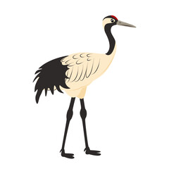 Red-crowned crane bird standing on the ground. Cute childrens animal illustration isolated on white background. Elegant Asian bird for wildlife, nature, education and cultural design.