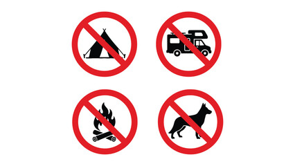 A set of four warning signs prohibiting camping, RVs, campfires, and dogs in a designated area.