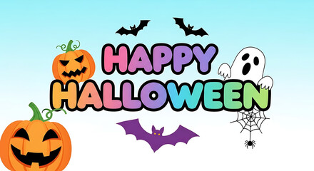 Happy halloween greeting card illustration with cheerful pumpkins and a friendly ghost