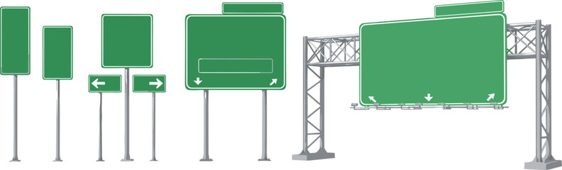 Green highway road sign set with direction arrows and blank signage boards, transportation and navigation concept, roadside information signs, isolated vector illustration © Md