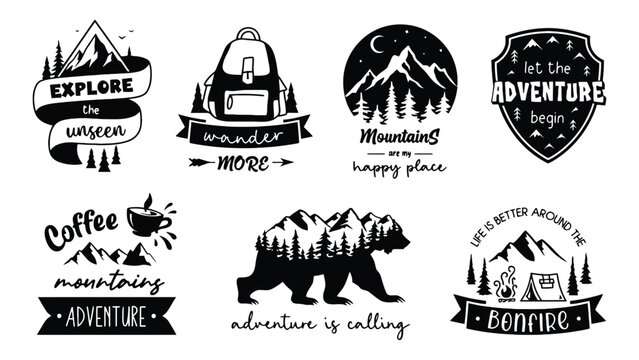 A collection of black and white adventure themed stickers and logos