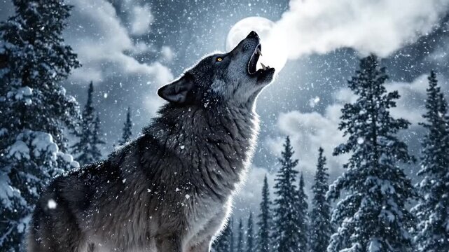 A wolf howls at the full moon in a snowy forest with coniferous trees in the background, evoking a sense of wild nature and freedom, possibly used for wildlife or nature-related themes