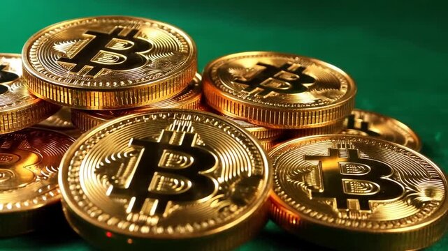 A close-up of shiny gold coins with a detailed logo stacked on a green surface