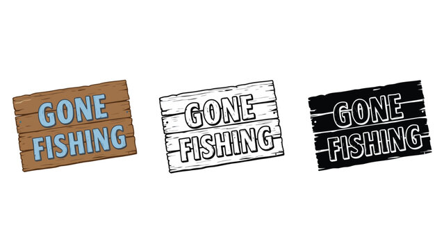 Three wooden signs with the phrase Gone Fishing in different colors