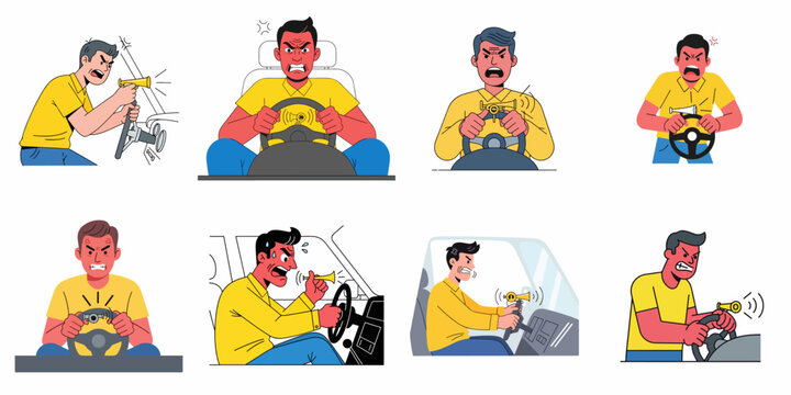 Collection of angry drivers illustrating road rage, yelling, and aggressively honking car horns, representing traffic frustration and stress.