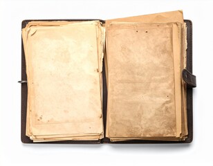 Fototapeta premium Close-up of damaged antique records and yellowed historical files on white background.