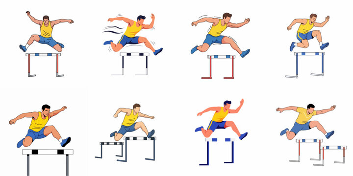 Hurdle race vector set: Male athlete jumping obstacles in various action poses.