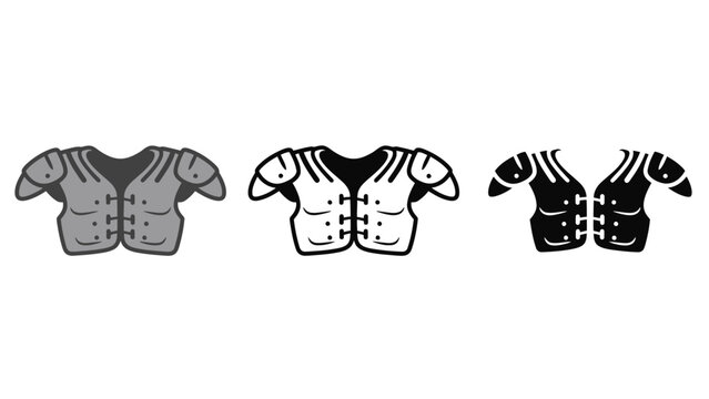 A set of three football shoulder pads in different colors and styles