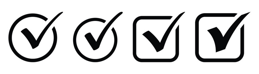 Minimalist black checkmark inside circle thin outline logo design. Сheck mark vector icons set. Simple tick and approved sign collection. Minimal black checkmark glyph symbols