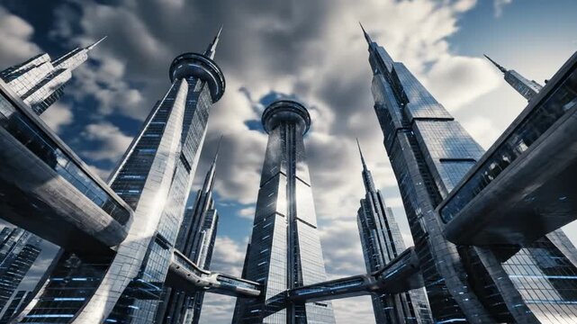 Futuristic Cityscape with Tall Modern Skyscrapers and Cloudy Sky