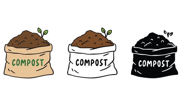 Three compost bags with different colored designs on a white background